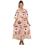 Scandinavian Flat Floral Background Coral Pink White Black Gold Pattern Kimono Sleeve Boho Dress