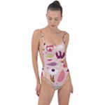 Scandinavian Flat Floral Background Coral Pink White Black Gold Pattern Tie Strap One Piece Swimsuit