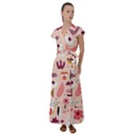 Scandinavian Flat Floral Background Coral Pink White Black Gold Pattern Flutter Sleeve Maxi Dress