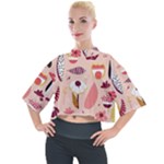 Scandinavian Flat Floral Background Coral Pink White Black Gold Pattern Mock Neck T-Shirt