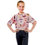 Scandinavian Flat Floral Background Coral Pink White Black Gold Pattern Kids Mock Neck T-Shirt