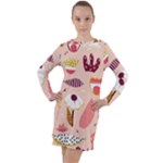 Scandinavian Flat Floral Background Coral Pink White Black Gold Pattern Long Sleeve Hoodie Dress
