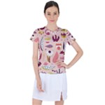 Scandinavian Flat Floral Background Coral Pink White Black Gold Pattern Women s Sports Top