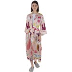 Scandinavian Flat Floral Background Coral Pink White Black Gold Pattern Maxi Satin Kimono