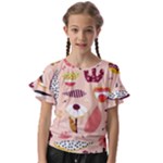 Scandinavian Flat Floral Background Coral Pink White Black Gold Pattern Kids  Cut Out Flutter Sleeves