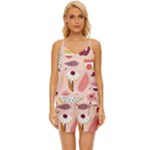 Scandinavian Flat Floral Background Coral Pink White Black Gold Pattern V-Neck Satin Pajamas Set