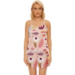Scandinavian Flat Floral Background Coral Pink White Black Gold Pattern Satin Pajama Short Set