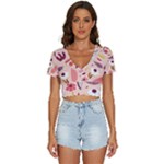 Scandinavian Flat Floral Background Coral Pink White Black Gold Pattern V-Neck Crop Top