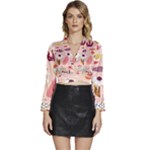 Scandinavian Flat Floral Background Coral Pink White Black Gold Pattern Long Sleeve Tie Back Satin Wrap Top
