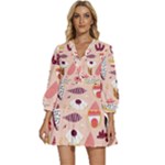 Scandinavian Flat Floral Background Coral Pink White Black Gold Pattern V-Neck Placket Mini Dress