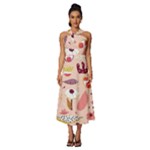 Scandinavian Flat Floral Background Coral Pink White Black Gold Pattern Sleeveless Cross Front Cocktail Midi Chiffon Dress