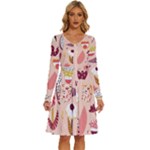 Scandinavian Flat Floral Background Coral Pink White Black Gold Pattern Long Sleeve Dress With Pocket