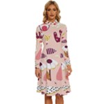 Scandinavian Flat Floral Background Coral Pink White Black Gold Pattern Long Sleeve Shirt Collar A-Line Dress