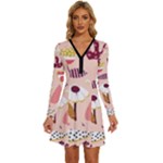 Scandinavian Flat Floral Background Coral Pink White Black Gold Pattern Long Sleeve Deep V Mini Dress 