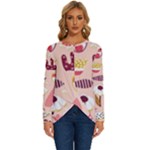 Scandinavian Flat Floral Background Coral Pink White Black Gold Pattern Long Sleeve Crew Neck Pullover Top