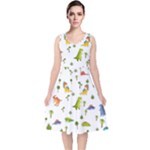 Baby Dino Seamless Pattern V-Neck Midi Sleeveless Dress 