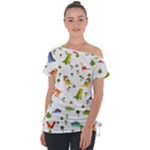 Baby Dino Seamless Pattern Off Shoulder Tie-Up T-Shirt