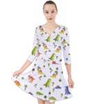 Baby Dino Seamless Pattern Quarter Sleeve Front Wrap Dress