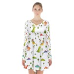 Baby Dino Seamless Pattern Long Sleeve Velvet V-neck Dress