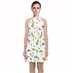 Baby Dino Seamless Pattern Velvet Halter Neckline Dress 