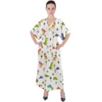 Baby Dino Seamless Pattern V-Neck Boho Style Maxi Dress
