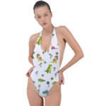 Baby Dino Seamless Pattern Backless Halter One Piece Swimsuit