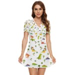Baby Dino Seamless Pattern V-Neck High Waist Chiffon Mini Dress