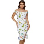 Baby Dino Seamless Pattern Off Shoulder Ruffle Split Hem Bodycon Dress