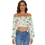 Baby Dino Seamless Pattern Long Sleeve Crinkled Weave Crop Top
