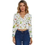 Baby Dino Seamless Pattern Long Sleeve V-Neck Top