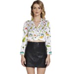Baby Dino Seamless Pattern Long Sleeve Tie Back Satin Wrap Top