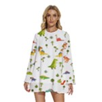 Baby Dino Seamless Pattern Round Neck Long Sleeve Bohemian Style Chiffon Mini Dress