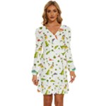 Baby Dino Seamless Pattern Long Sleeve Waist Tie Ruffle Velvet Dress