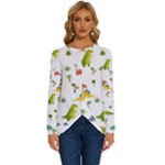 Baby Dino Seamless Pattern Long Sleeve Crew Neck Pullover Top