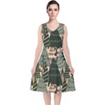 Christmas Vector Seamless Tree Pattern V-Neck Midi Sleeveless Dress 