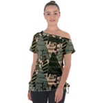 Christmas Vector Seamless Tree Pattern Off Shoulder Tie-Up T-Shirt