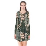 Christmas Vector Seamless Tree Pattern Long Sleeve V-neck Flare Dress