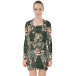 Christmas Vector Seamless Tree Pattern V-neck Bodycon Long Sleeve Dress