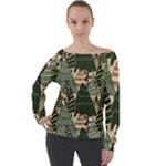 Christmas Vector Seamless Tree Pattern Off Shoulder Long Sleeve Velour Top