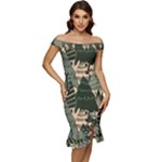 Christmas Vector Seamless Tree Pattern Off Shoulder Ruffle Split Hem Bodycon Dress