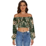 Christmas Vector Seamless Tree Pattern Long Sleeve Crinkled Weave Crop Top