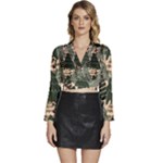 Christmas Vector Seamless Tree Pattern Long Sleeve Tie Back Satin Wrap Top