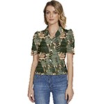 Christmas Vector Seamless Tree Pattern Puffed Short Sleeve Button Up Jacket