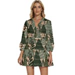 Christmas Vector Seamless Tree Pattern V-Neck Placket Mini Dress