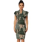 Christmas Vector Seamless Tree Pattern Vintage Frill Sleeve V-Neck Bodycon Dress