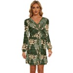 Christmas Vector Seamless Tree Pattern Long Sleeve Waist Tie Ruffle Velvet Dress