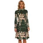 Christmas Vector Seamless Tree Pattern Long Sleeve Shirt Collar A-Line Dress
