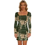 Christmas Vector Seamless Tree Pattern Long Sleeve Square Neck Bodycon Velvet Dress