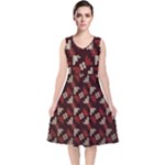 Oriental Dragon Motif Pattern V-Neck Midi Sleeveless Dress 
