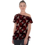 Oriental Dragon Motif Pattern Off Shoulder Tie-Up T-Shirt